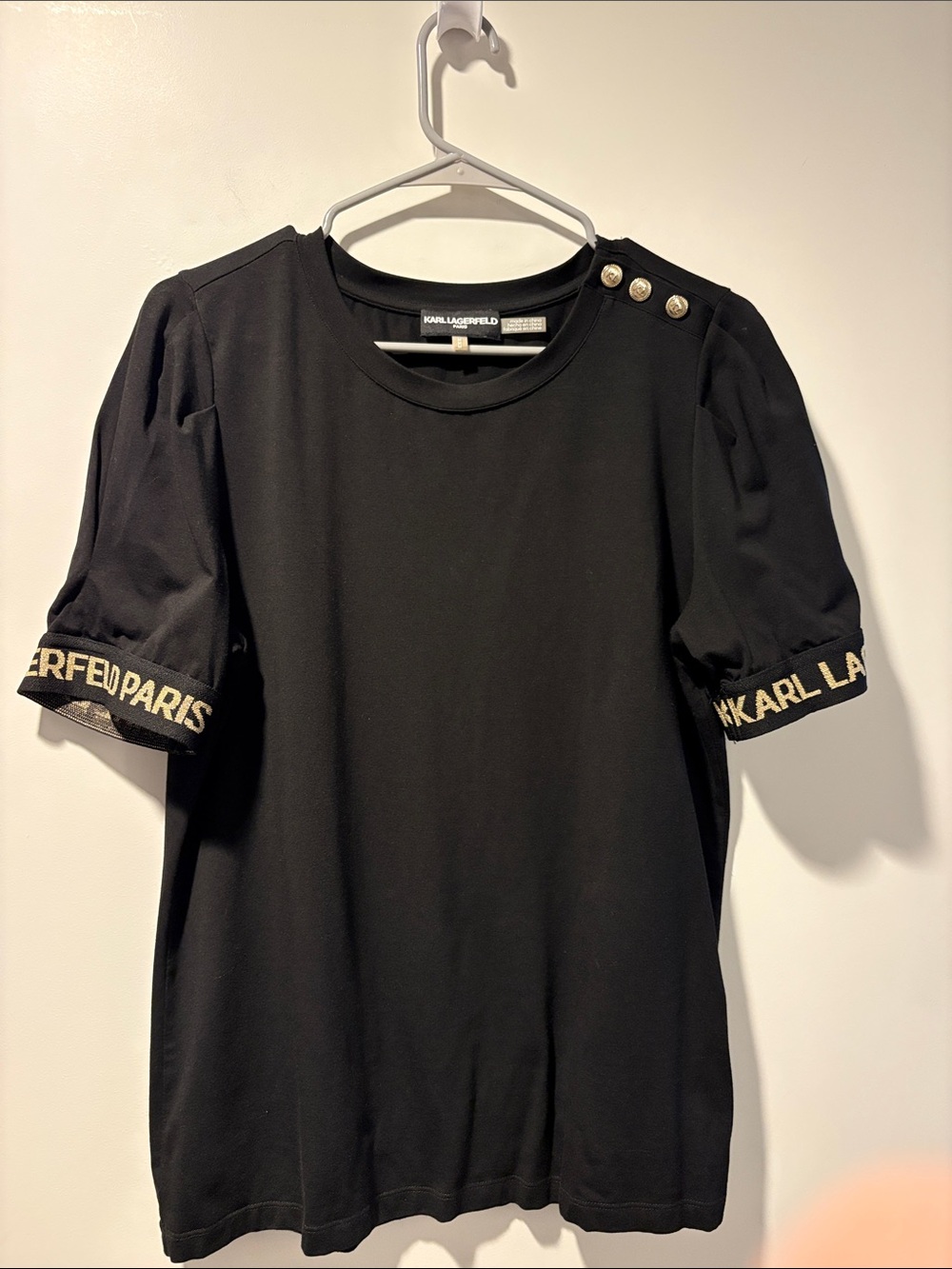 Karl Lagerfeld Black Short-Sleeve Tee with Gold Trimmed Logo Cuffs